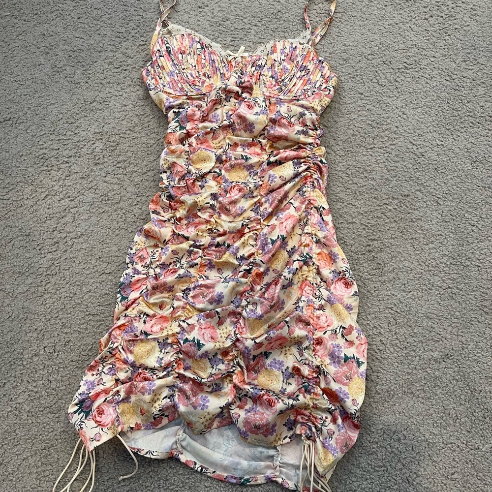 For love & lemons cute floral multicolor ruched mini dress